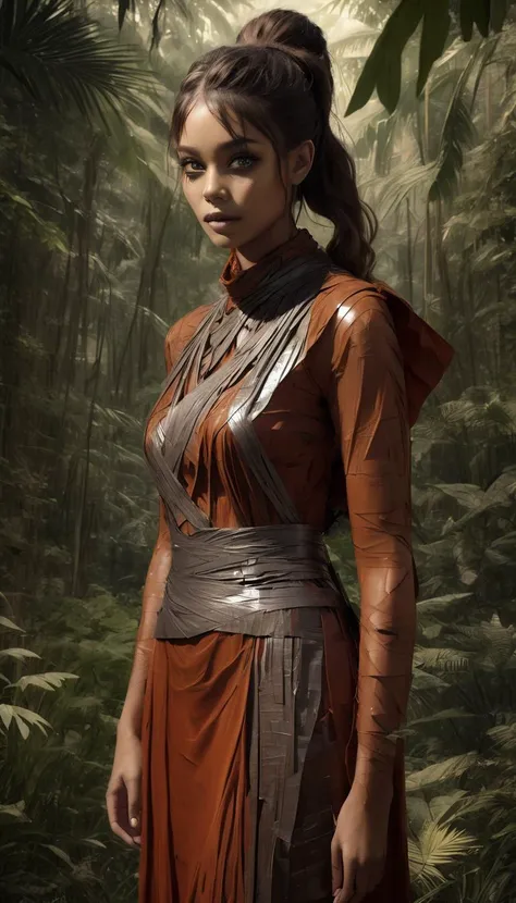 DuctTapeRay, Raw digital photo, Libyan (Female Wookiee:1.1) , 🙄, face is a combination of Naomi Campbell and Giada De Laurentiis, wearing Rust Cheongsam, Rainforest in background, at Dawn, Emo Art, double exposure, Canon R5, L USM, art by Artemisia Gentileschi, Lavinia Fontana
