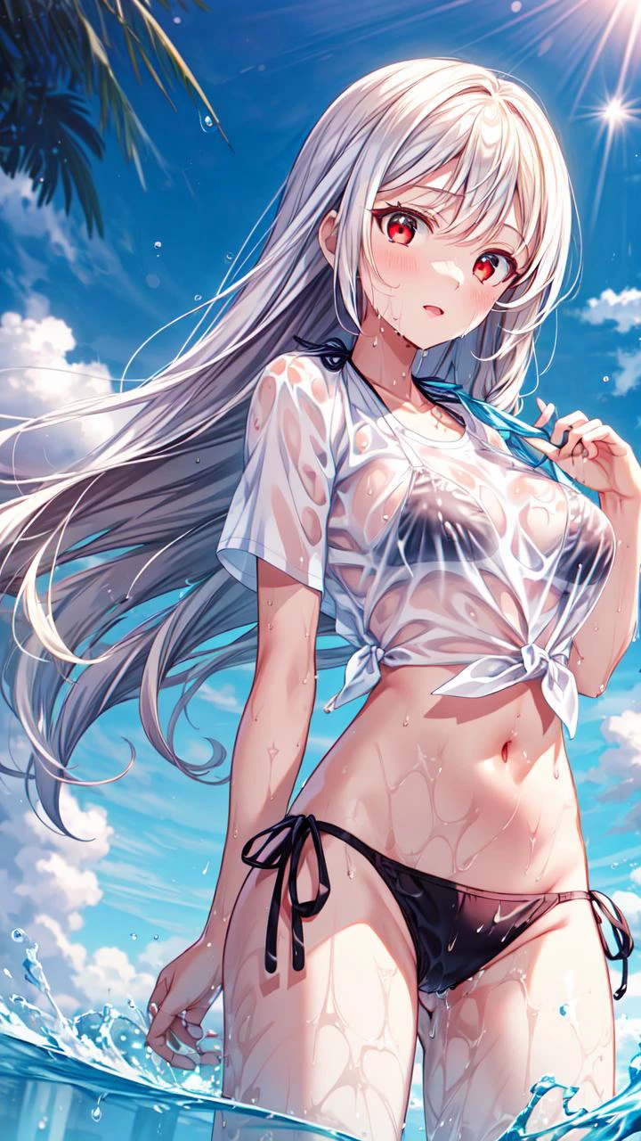 masterpiece,best quality,highres,illustration,hyper detailed,8k cg wallpaper,ray tracing,((white hair:1.2)),medium breasts,((red eyes:1.2)),((straight hair:1.2)),((long hair:1.2)),(hiten1:0.8),<lora:add_detail>,((see-through shirt:1.2)),((bikini under clothes:1.2)),<lora:bikini_under_t_sthirt:0.8>,((wet:1.2)),((cowboy shot:1.1)),wading,