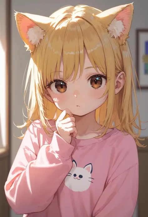 score_9, score_8_up, 1girl, kawaii, animal ears, blonde hair, brown eyes, looking at viewer, upper body, animal ear fluff, pink shirt, blurry, long sleeves, depth of field