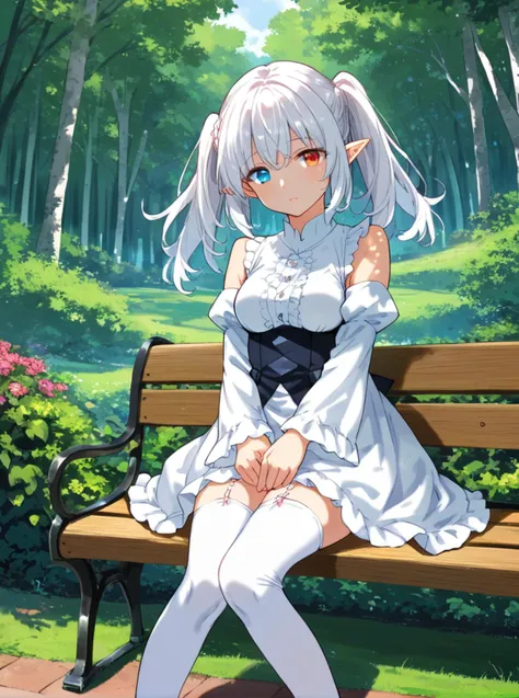 score_9, score_8_up, source_anime,
BREAK
bench, sitting on bench, outdoors, nature, forest, dawn, garden,
(squatting:0.1), sitting,
mature,
1girl, solo, long hair, twintails, white hair, [black:white:dress], frills, detached sleeves, pointy ears, thighhighs, white thighhighs, heterochromia,