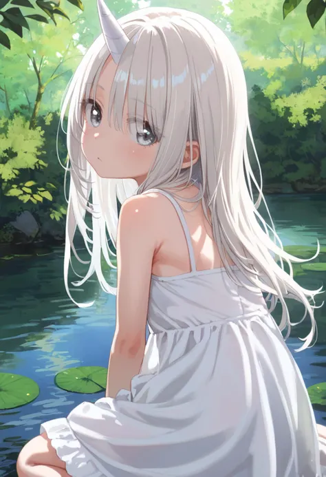 score_9, anime coloring, 1girl, unicorn girl, solo, white unicorn horn, grey white eyes, tareme, sacred existence, untouchable, kneeling, looking back, head tilt, platinum blonde longhair, hair over eye, holy sundress, medium breast, upper body, albino, shiny skin, pale skin, secluded regions, small lake, forest, kneeling on lake surface, sunlight shadow, dof, close up, close range