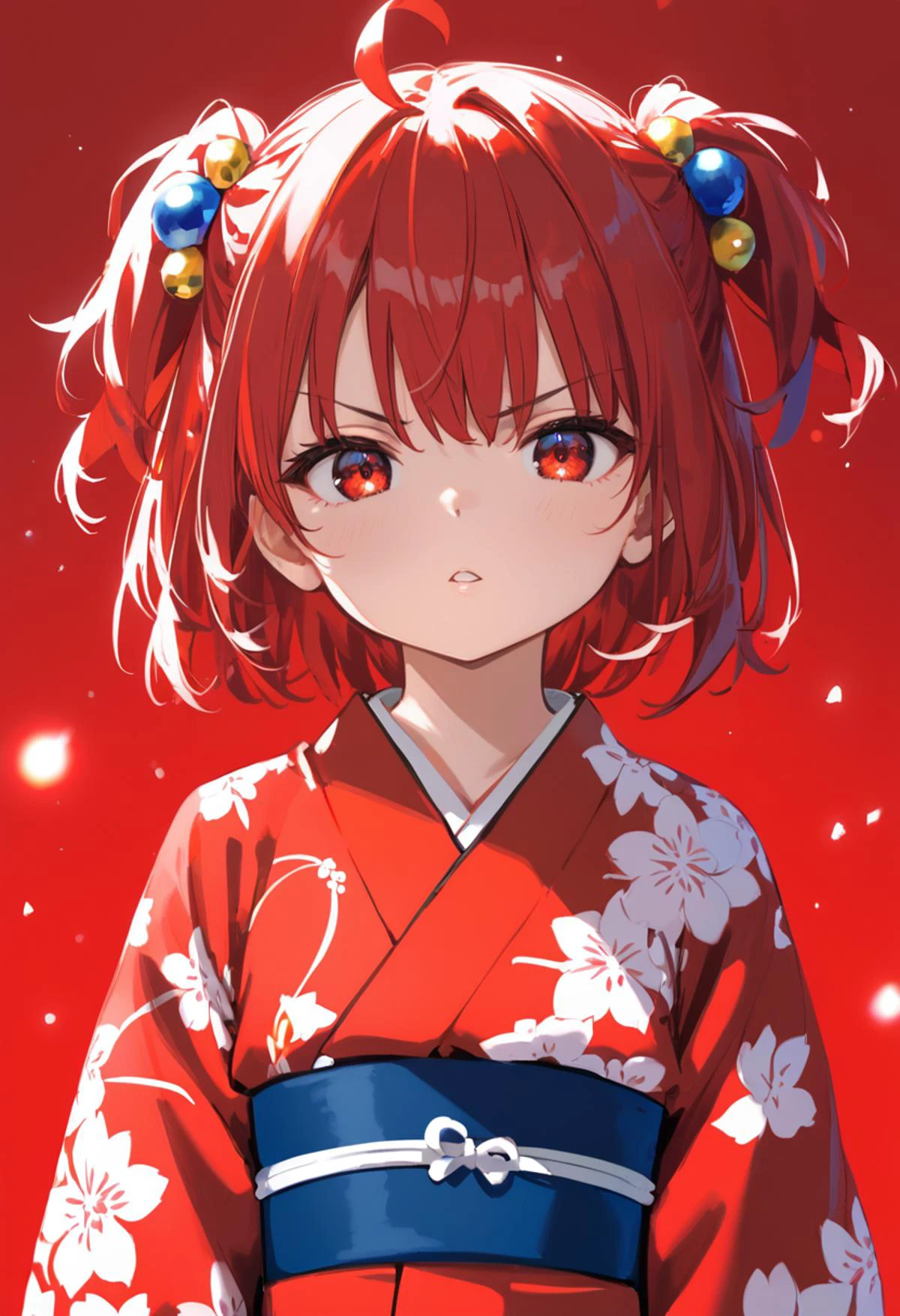 score_9, score_8_up, 1girl, solo, red eyes, japanese clothes, ahoge, kimono, looking at viewer, red kimono, red hair, red background, floral print, two side up, blurry, parted lips, short hair, upper body, portrait, red theme, bokeh, light particles, print kimono, v-shaped eyebrows, hair ornament, depth of field