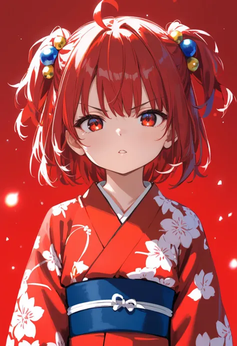 score_9, score_8_up, 1girl, solo, red eyes, japanese clothes, ahoge, kimono, looking at viewer, red kimono, red hair, red background, floral print, two side up, blurry, parted lips, short hair, upper body, portrait, red theme, bokeh, light particles, print kimono, v-shaped eyebrows, hair ornament, depth of field