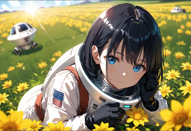 score_9, score_8_up, source_anime
cinematic composition, letterboxed, depth of field, solo focus, astronaut sitting in a field of yellow flowers with resting on the ground, gloves, yellow flower, black gloves, spacesuit, science fiction, sunlight, black hair, blue eyes, looking at viewer