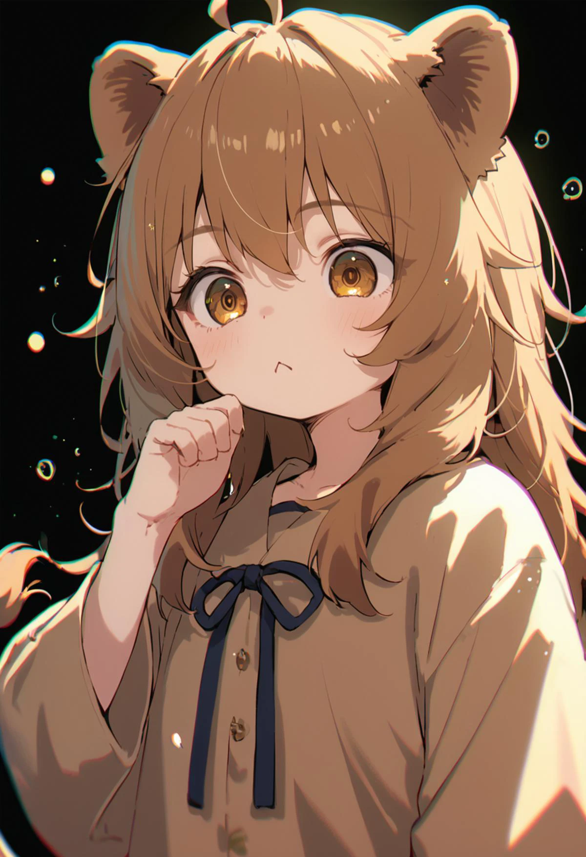 source_anime, score_9, score_8_up,
1girl, tail, animal ears, long hair, solo, @_@, upper body, brown hair, ahoge, lion ears, lion girl, cute, chiaroscuro, black background, simple background, light particles, chromatic aberration, blurry