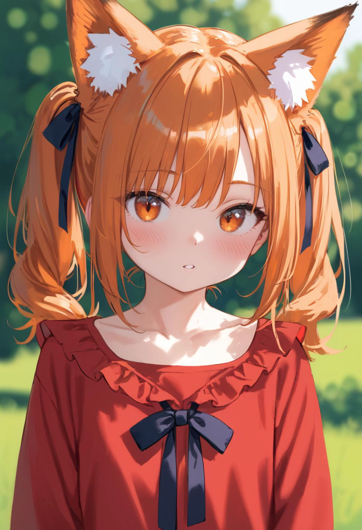 score_9, score_8_up, 1girl, animal ears, solo, twintails, animal ear fluff, looking at viewer, outdoors, upper body, fox ears, orange hair, blurry background, blurry, parted lips, blush, orange eyes, ribbon, shirt, neck ribbon, depth of field, fox girl, collarbone, day, red shirt, frills