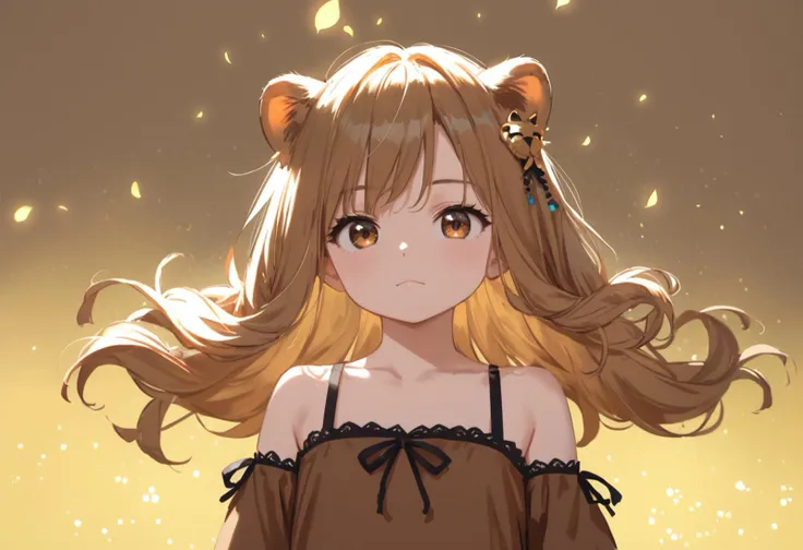 score_9, score_8_up, source_anime,
1girl, solo, dress, long hair, brown dress, lion girl, cute, hair ornament, brown hair, bare shoulders, brown eyes, floating hair, collarbone, closed mouth, blurry, standing, light particles, cinematic, brown theme, chiaroscuro, upper body, looking at viewer,