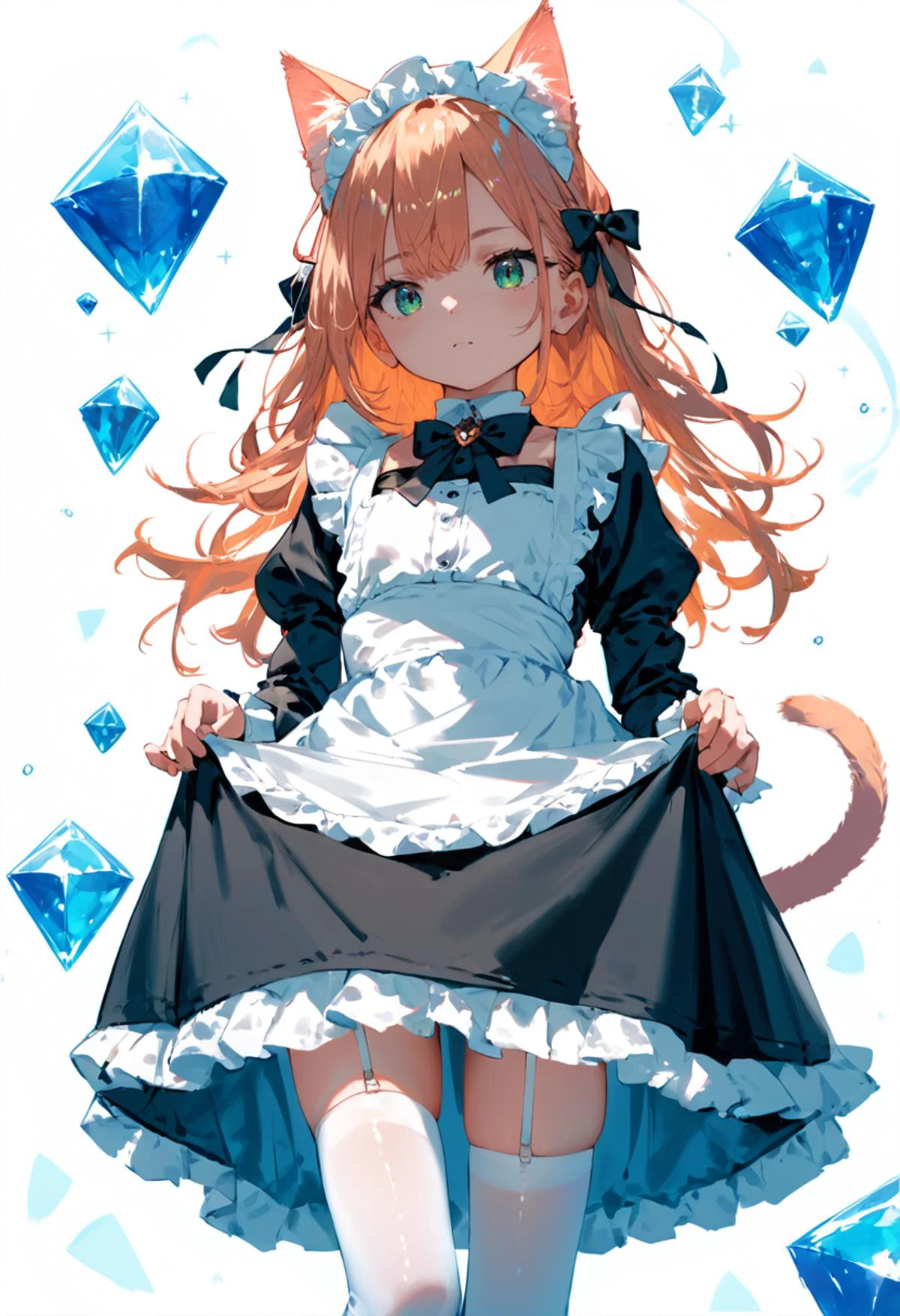 score_9, score_8_up, score_7_up, score_6_up, source_anime, masterpiece, newest,
1girl, solo, skinny, catgirl, fluffy, maid outfit, white thighhighs, skindentation, white background
shiny skin, shiny clothes