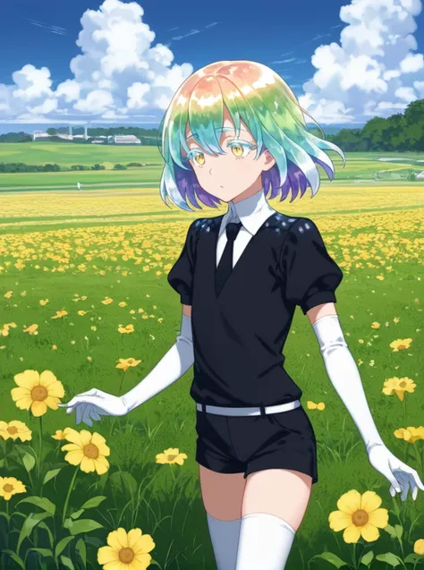 score_9, score_8_up, source_anime,
BREAK
, day light, shade, clouds, flower field, white flovers, yellow flowers, purple flovers, field, grass, hills,
standing,
BREAK
<lora:Hoseki_HousekiNoKuni_Diamond_PDXL_v1:0.95> , hskdmnd, crystal hair, colored eyelashes, multicolored hair, short hair, black shirt, puffy short sleeves, collared shirt, black necktie, elbow gloves, white gloves, black shorts, white thighhighs, (black footwear:0.1)