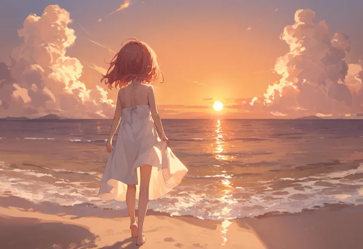 source_anime, score_9, score_8_up,
very wide shot, 1girl, solo, white dress, walking, beach, sunset, evening, whorled clouds, warm lighting, bare legs, barefoot, facing away, from behind,