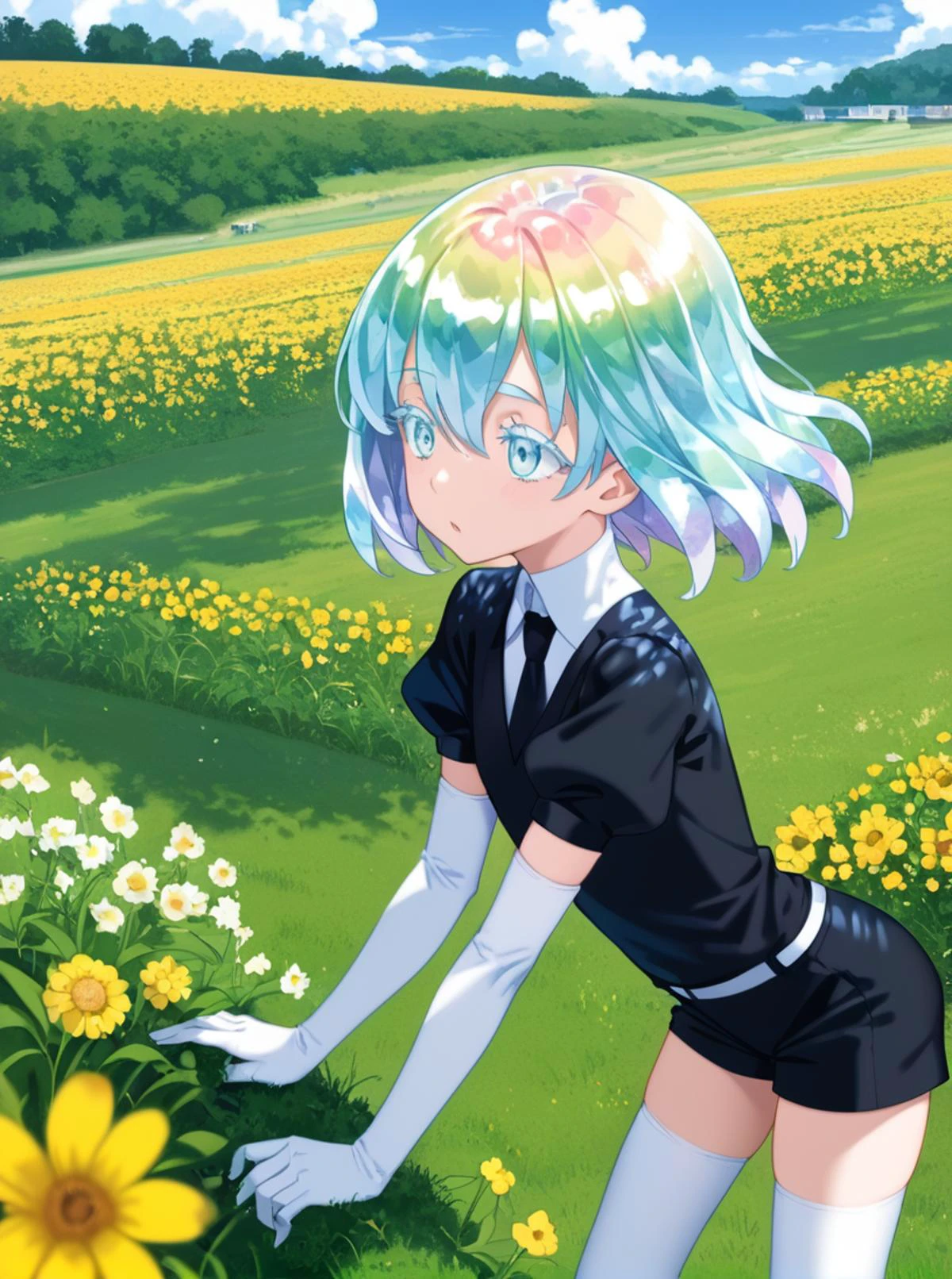 score_9, score_8_up, source_anime,
BREAK
, day light, shade, clouds, flower field, white flovers, yellow flowers, purple flovers, field, grass, hills,
standing,
BREAK
<lora:Hoseki_HousekiNoKuni_Diamond_PDXL_v1:0.95> , hskdmnd, crystal hair, colored eyelashes, multicolored hair, short hair, black shirt, puffy short sleeves, collared shirt, black necktie, elbow gloves, white gloves, black shorts, white thighhighs, (black footwear:0.1)