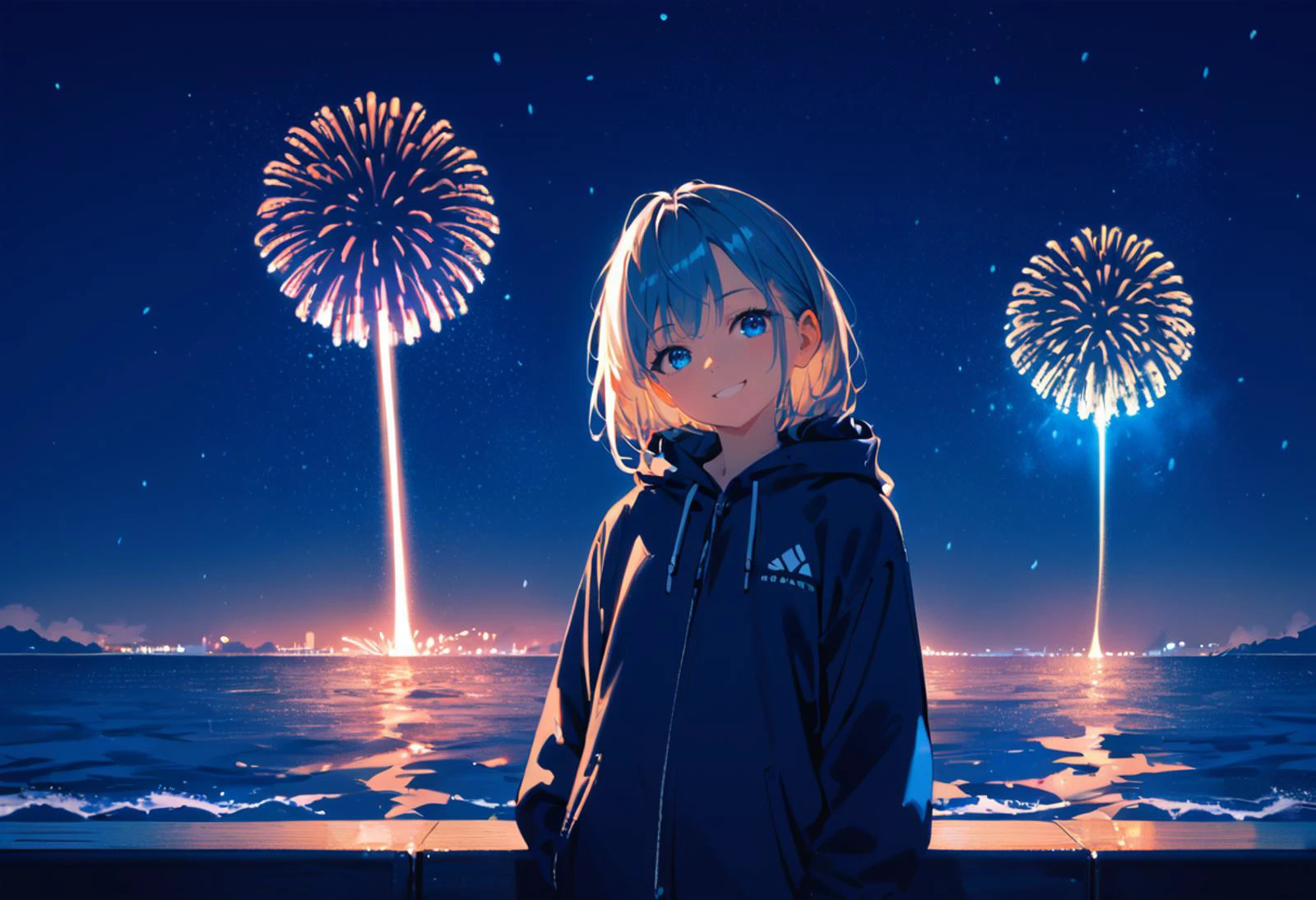score_9, score_8_up, source_anime, 1girl, cowboy shot, rule of thirds, composition, cinematic, very wide shot, night, night sky, ocean, snowing, facing viewer, head tilt, smile, fireworks, cinematic, cold lighting, blue theme, dark theme, silhouette