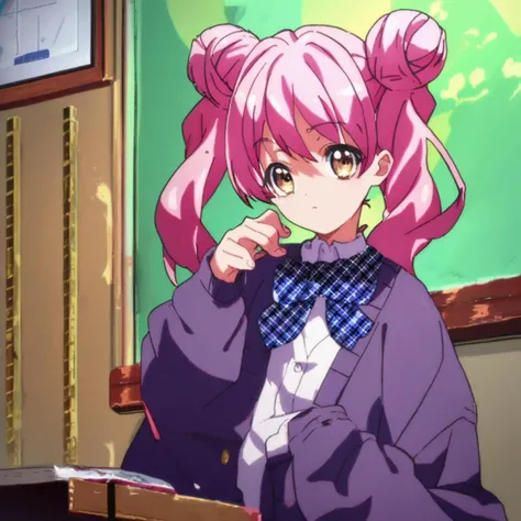 zPDXL <lora:HakoniwaYuragi_pxl:1> hakoniwayuragi, score_9, source_anime, hakoniwa, pink hair, hair bun, 1girl, twintails, looking at viewer, plaid bow