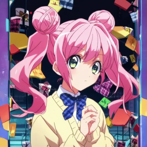 zPDXL <lora:HakoniwaYuragi_pxl:1> hakoniwayuragi, score_9, source_anime, hakoniwa, pink hair, hair bun, 1girl, twintails, looking at viewer, plaid bow