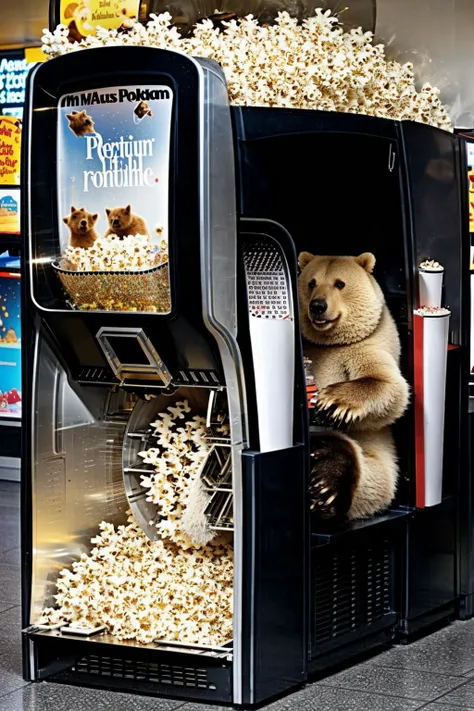 <lora:WorkInVendingMachine_V1d:0.8>, a bear is sitting inside a popcorn machine, tight in space,