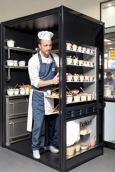 <lora:WorkInVendingMachine_V1d:0.85>, standing inside a cake vending machine, ((photo realistic)), a chef is making cakes, very tight space, chef hat