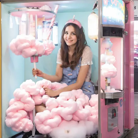 a young woman is sitting inside an cotton candy machine, <lora:WorkInVendorMachine:0.8>, workinvendingmachine, best quality, photo realistic, look at viewer, smile