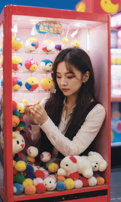 xxmixgirl, a woman is working in ((claw)) machine, ((metal claw)), <lora:WorkInVendingMachineXL:0.6>, RAW photo, photography, hyper photorealistic, detailed skin, soft natural raw light, highly detailed, best quality, ultra detailed, extremely detailed, taken from mobile camera, f/22, deep depth of field, grain, noise