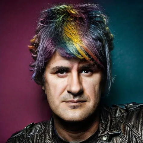 portratit photo of man (ciro:1) with leather jacket, ((rainbow punk haircut)), blurred background, (masterpiece), detailed face, sharp focus, <lora:ciro:1> <lyco:locon_perfecteyes_v1_from_v1_64_32:0.80> <lora:add_detail:1.2>