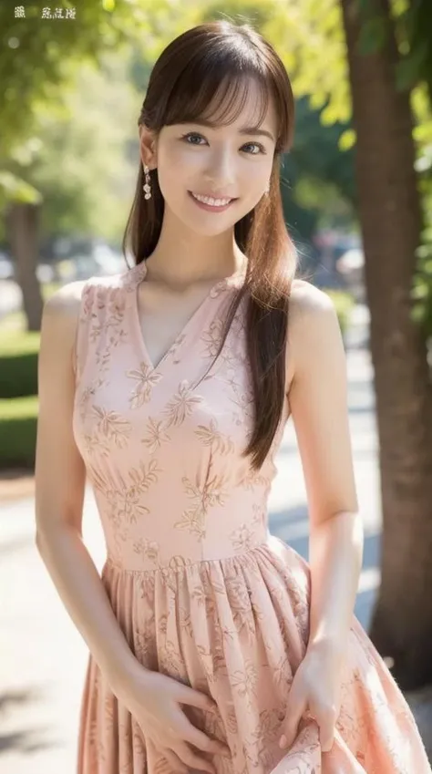 A woman in a pink dress standing in front of a tree - SeaArt AI