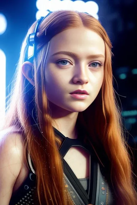 photo of sadiesink-5200, (front to camera), detailed european face, (aspiring facial expression), (((circuitpunk style close))), ((circuitpunk city on the background)), RAW, analog style, ultra detailed photograph, cinematic lighting, artstation, 4k, sharp focus, high resolution, detailed skin, detailed eyes, victzilv