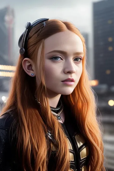 photo of sadiesink-5200, (front to camera), detailed european face, (aspiring facial expression), (((atompunk style close))), ((atompunk city on the background)), RAW, analog style, ultra detailed photograph, cinematic lighting, artstation, 4k, sharp focus, high resolution, detailed skin, detailed eyes, jamiehayter