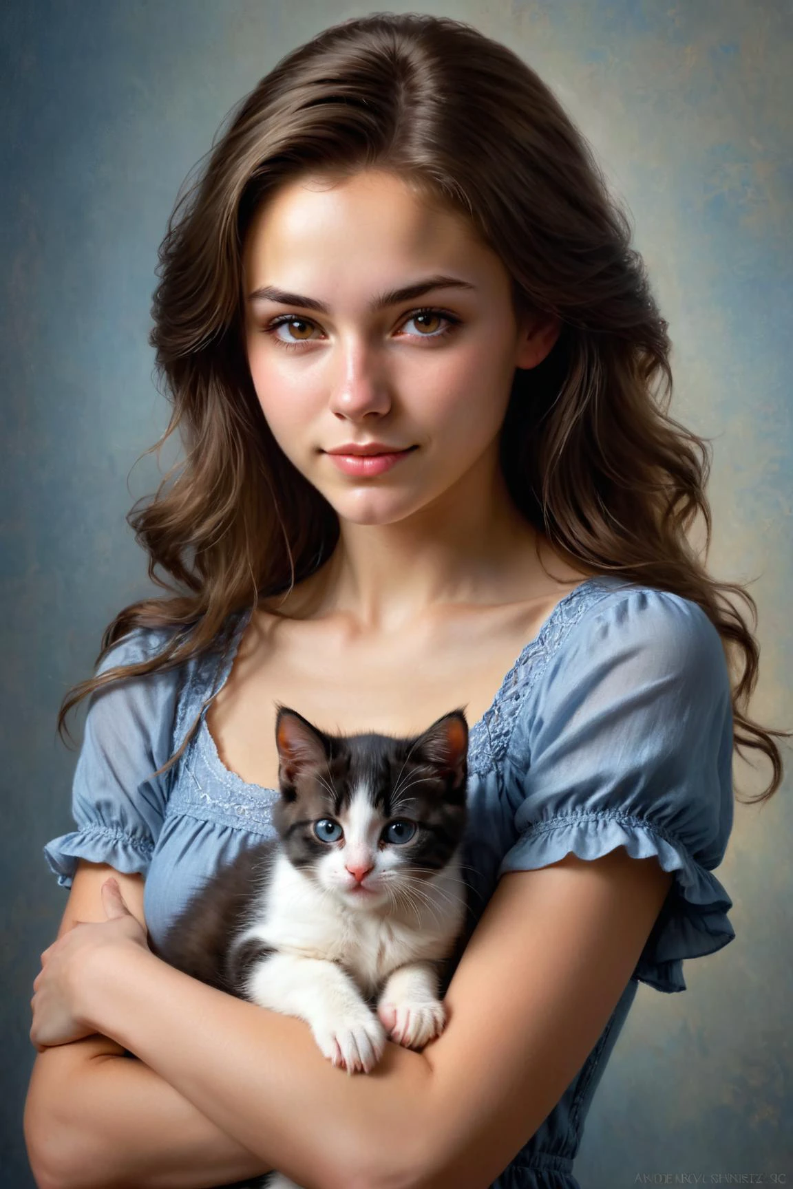 by Richard S. Johnson , by Andrew Ferez and Serge Marshennikov in the style of Mark Lovett, cute 18 year old woman and her kitten, studio portrait <lora:more_art:0.30><lora:clothing_slider:2.00><lora:great_lighting:1.30><lora:aesthetic:1.15><lora:photorealistic_portrait:1.25><lora:RMSDXL_Enhance:0.45><lora:RMSDXL_Creative:0.35><lora:RMSDXL_Photo:0.45><lora:RMSDXL_Darkness_Cinema:0.50><lora:XDetail_heavy:0.45><lora:perfect_eyes:0.15><lora:perfect_hands:0.15><lora:midjourney:-0.15><lora:looking_at_viewer:0.75><lora:dpo:0.25>