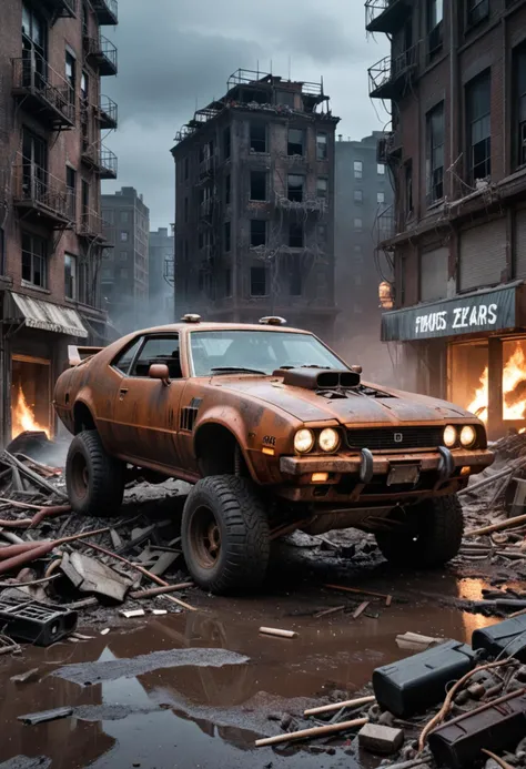 <lora:RMSDXL_Creative:2.5> a photo of a rusty tslas (zeekars), 3/4 front view, survival, post-apocalyptic, cyberpunk [fire, explossions:7] BREAK outdoors, night, destruction, urban decay, masterpiece, photorealistic, 8k, high detail, dark theme, BREAK , BREAK <lora:RMSDXL_Creative:2.5>