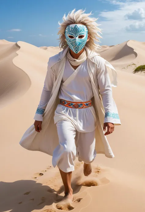 <lora:RMSDXL_Creative:2> a man running looking at the camera in top of a white sandy dune, wearing a white tribal mask and white oversized clothes, intricate tribal details, dreamy, colorful, bright colors, futuristic, anime style, studio ghibli::2 --ar 2:3 --q 2 <lora:RMSDXL_Creative:2>
