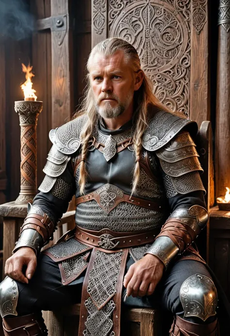 <lora:RMSDXL_Creative:2.5> Highest quality, masterpiece, photorealistic, medium shot, RAW photo, of (a weary-looking but still proud and fierce-looking old Viking warrior, now the leader of his village, dressed in elaborately detailed chain mail and leather armour, sitting on a carved wooden throne furrowed with Viking runes and symbols, in the village meeting hall, on his lap rests an elaborately carved and beautifully crafted longsword, a few torches burn on the walls, giving the scene a dark atmosphere but sculpting the forms in sharp chiaroscuro), it is night time, BREAK , BREAK <lora:RMSDXL_Creative:2.5>