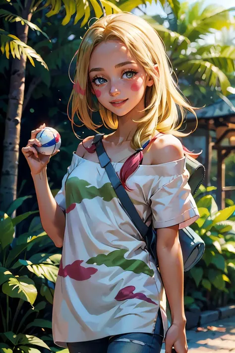 mina, long hair, eyelashes, half-closed eyes, facepaint, collarbone, oversized white shirt, off shoulder, short sleeves, torn clothes, torn pants, jeans, shoulder bag, looking at viewer, smiling, medium shot,
standing, outside, holding a pokeball, jungle, trees, sunny, high quality, masterpiece <lora:mina_(pokemon)_v1:.7>