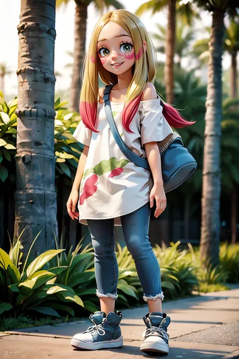 mina, long hair, eyelashes, facepaint, oversized white shirt, off shoulder, short sleeves, jeans, sneakers, shoulder bag, looking at viewer, smiling, full body shot, standing, outside, jungle, trees, natural lighting, high quality, masterpiece <lora:mina_(pokemon)_v1:.7>