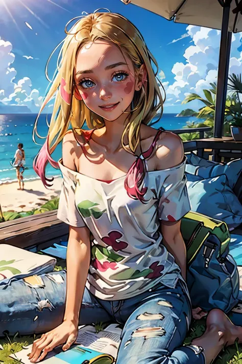 mina, long hair, eyelashes, half-closed eyes, facepaint, collarbone, oversized white shirt, off shoulder, short sleeves, torn clothes, torn pants, jeans, shoulder bag, looking at viewer, relaxed, smiling, sitting, on grass, wariza, outside, cliff, distant ocean, sunny, high quality, masterpiece <lora:mina_(pokemon)_v1:.7>
