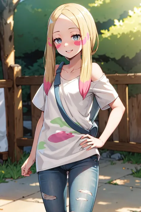 masterpiece, best quality, highres, abcmina, long hair, eyelashes, half-closed eyes, facepaint, collarbone, white shirt, oversized shirt, off shoulder, short sleeves, torn clothes, torn pants, jeans, shoulder bag, <lora:mina_(pokemon)_v1:0.7>, cowboy shot, standing, outdoors, hand on hip, smile,