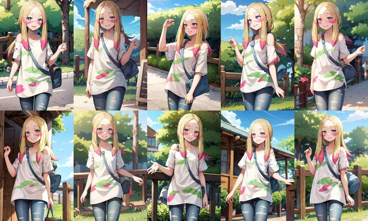 masterpiece, best quality, highres, abcmina, long hair, eyelashes, half-closed eyes, facepaint, collarbone, white shirt, oversized shirt, off shoulder, short sleeves, torn clothes, torn pants, jeans, shoulder bag, <lora:mina_(pokemon)_v1:0.7>, cowboy shot, standing, outdoors, smile,