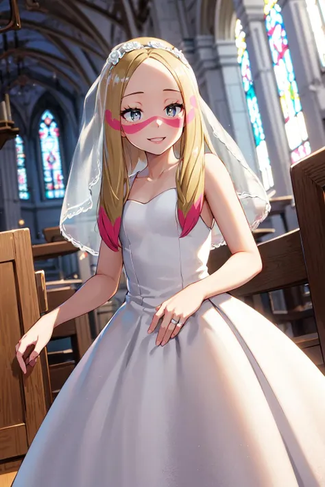 masterpiece, best quality, highres, abcmina, long hair, eyelashes, half-closed eyes, facepaint, <lora:mina_(pokemon)_v1:0.7>, wedding dress, church, smile,