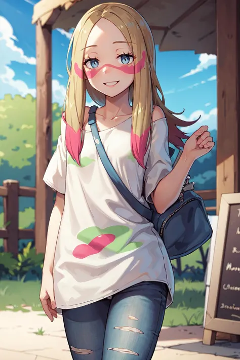 masterpiece, best quality, highres, abcmina, long hair, eyelashes, half-closed eyes, facepaint, collarbone, white shirt, oversized shirt, off shoulder, short sleeves, torn clothes, torn pants, jeans, shoulder bag, <lora:mina_(pokemon)_v1:0.7>, cowboy shot, standing, outdoors, smile,