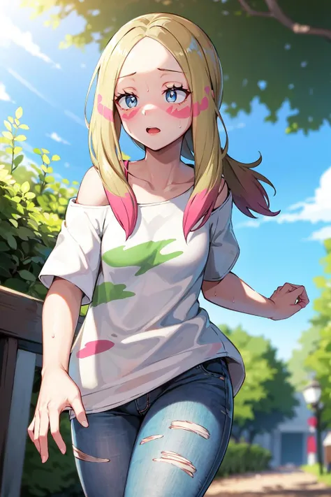 masterpiece, best quality, highres, abcmina, long hair, eyelashes, half-closed eyes, facepaint, collarbone, white shirt, oversized shirt, off shoulder, short sleeves, torn clothes, torn pants, jeans, <lora:mina_(pokemon)_v1:0.7>, running, sweat, outdoors,