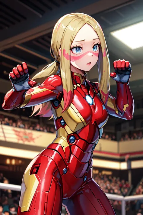 masterpiece, best quality, highres, abcmina, long hair, eyelashes, half-closed eyes, facepaint, <lora:mina_(pokemon)_v1:0.7>, iron man, cowboy shot, fighting stance,
