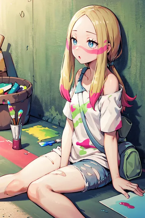 masterpiece, best quality, highres, abcmina, long hair, eyelashes, half-closed eyes, facepaint, collarbone, white shirt, oversized shirt, off shoulder, short sleeves, torn clothes, torn pants, jeans, shoulder bag, <lora:mina_(pokemon)_v1:0.7>, playground, sitting, paintbrush, (paint:1.3), :o, wall, on floor,
