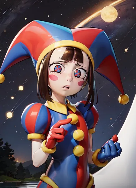 ((best quality)), ((highly detailed)), extremely detailed face, beautiful face, , (1girl), (solo), straight-on, cowboy shot, wide shot, <lora:pomni:.8>, pomni, brown hair, (symbol-shaped pupils:1.1), blush stickers, clown, hat, jester cap, multicolored headwear, puffy sleeves, short sleeves, gloves, mismatched gloves, red glove, blue glove, (outdoors, at a lake, midnight, night sky, stars, blue moon, shooting star, hurricane)