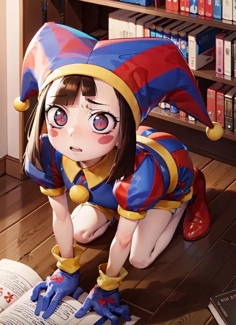 ((best quality)), ((highly detailed)), , (1girl), (solo), from above, bird's-eye view, on all fours, <lora:pomni:.7>, pomni, brown hair, (symbol-shaped pupils:1.1), blush stickers, clown, hat, jester cap, multicolored headwear, puffy sleeves, short sleeves, gloves, mismatched gloves, red glove, blue glove, (inside, at a library, book shelves, books)