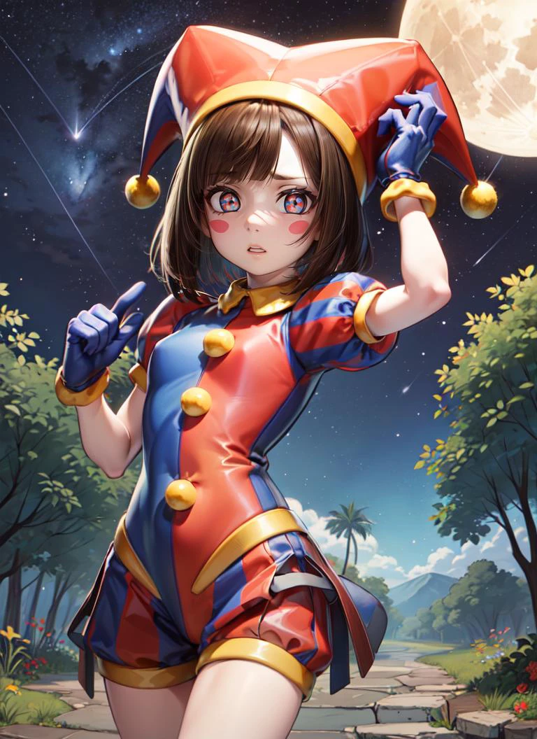 ((best quality)), ((highly detailed)), extremely detailed face, beautiful face, , (1girl), (solo), dynamic pose, cowboy shot, <lora:hairdetailer:.8>, <lora:pomni:.55>, pomni, brown hair, (symbol-shaped pupils:1.1), blush stickers, clown, mediumbreasts, hat, jester cap, multicolored headwear, puffy sleeves, short sleeves, gloves, mismatched gloves, red glove, blue glove, (outside, at a forest, path, forest canopy, midnight, night sky, stars, full moon, shooting star, cloudy)