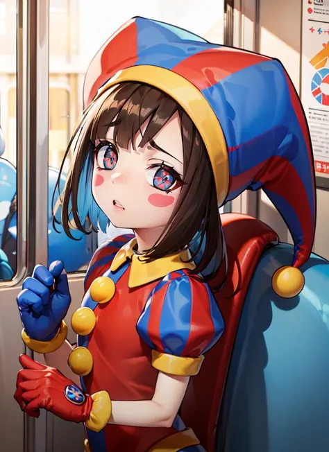 ((best quality)), ((highly detailed)), masterpiece, detailed face, beautiful face, , (1girl), (solo), cowboy shot, <lora:pomni:.6>, pomni, brown hair, (symbol-shaped pupils:1.1), blush stickers, clown, hat, jester cap, multicolored headwear, puffy sleeves, short sleeves, gloves, mismatched gloves, red glove, blue glove, (indoors, on a train)