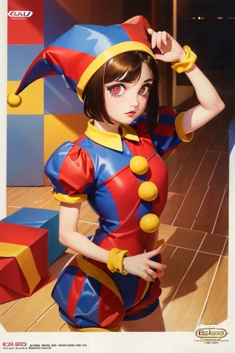 (masterpiece, best quality, highres, absurdres:1.2), <lora:pomnivk:0.55>pomni, 1girl, solo, brown hair, (symbol-shaped pupils:1.1), jester cap, clown, multicolored headwear, puffy sleeves, short sleeves, hat, <lora:NesBoxArtV1.1:0.9>box art, logo, English text, 1980s /(style/), copyright name, retro artstyle