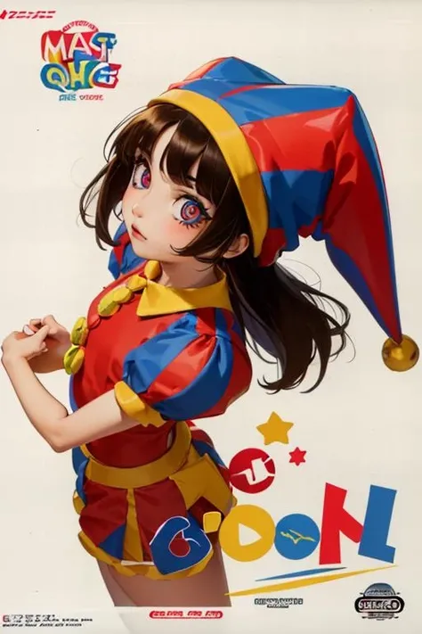 (masterpiece, best quality, highres, absurdres:1.2), <lora:pomnivk:0.55>pomni, 1girl, solo, brown hair, (symbol-shaped pupils:1.1), jester cap, clown, multicolored headwear, puffy sleeves, short sleeves, hat, <lora:NesBoxArtV1.1:0.9>box art, logo, English text, 1980s /(style/), copyright name, retro artstyle