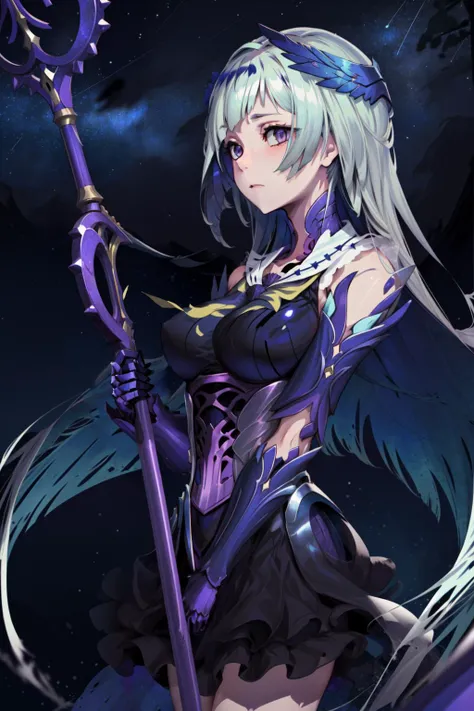masterpiece,best quality,1girl,mature female,brynhildr \(fate\),PrototypeBrynhild,OriginalOutfit,expressionless,holding weapon,holding polearm,starry sky,<lora:FGOBrynhild:0.8>,