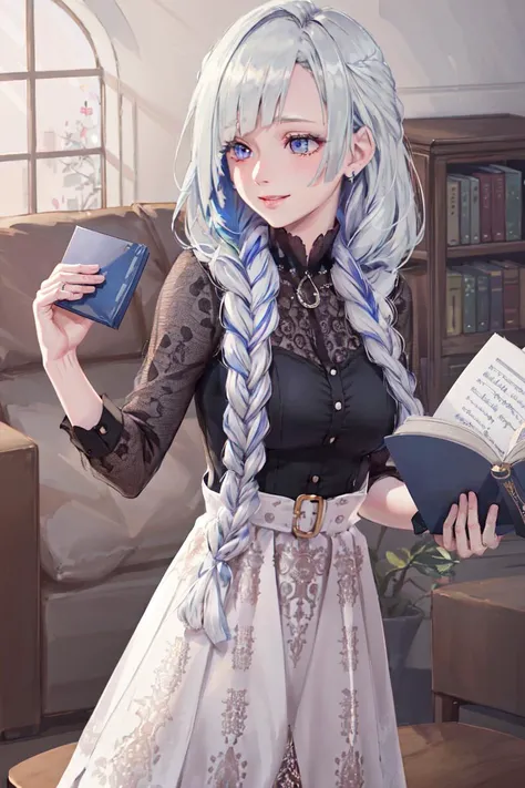 <lora:FGOBrynhild:0.71> ValkyrieStyle, ValentineOutfit, white skirt, black shirt, single braid,
on_couch, on_back, reading,book,holding_book, indoors, from_above,, 1girl, solo, wide_shot,, (masterpiece:1.3), (best_quality:1.3), (ultra_detailed:1.3), 8k, extremely_clear,, seductive_smile,, insane details, intricate details, hyperdetailed, ultra detailed, extreme detailed, highest detailed, high_detail, colorful, beautiful, hdr, photorealistic, highres, ultra_high_res, photography, aesthetic, extremely_delicate,