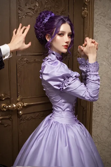 zPDXL2rl, score_9, score_8_up, score_7_up, rating_safe, 45 year old dark violet haired woman in a Victorian closet, brown skin, librarian, dynamic hand pose, beautiful boobs, undressing, emotional facial expression