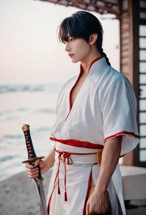 1boy, Long Shot,Ancient Chinese men looking into camera,holding sword in hand,Sea of ââclouds billowing,gentle eyes,black Straight hair,three-dimensional facial features,wearing White clothing ,red belt,flowing cloth,Ancient Chinese idol drama style,panorama,super realistic,super realistic,super realistic,photo,illustration,high detail,hyper quality,8K, score_9, score_8_up, score_7_up